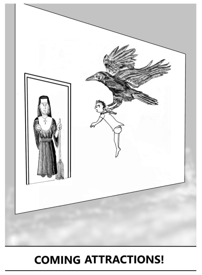 CARTOON: Crow clutching Catholic boy in his underwear toward a nun standing in the doorway