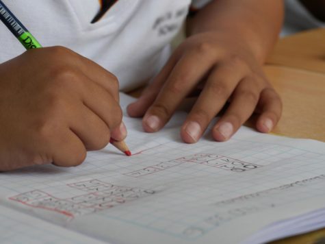 An elementary aged child working on homework. 
