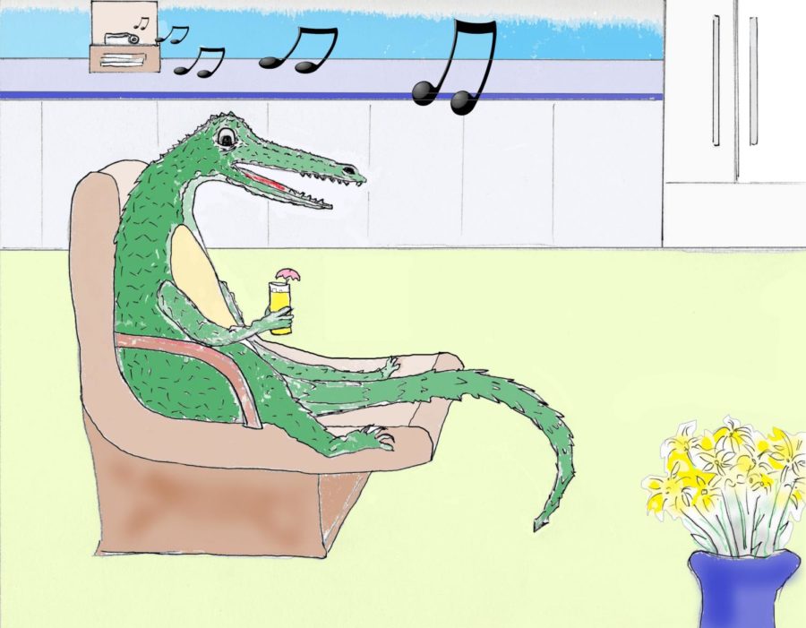 An+alligator+relaxes+in+a+recliner+enjoying+a+daquiri+and+some+smooth+jazz.