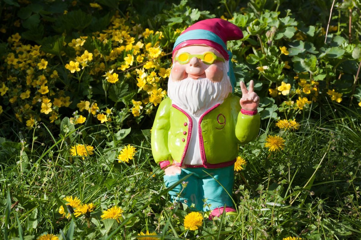 Garden gnome making Peace sign