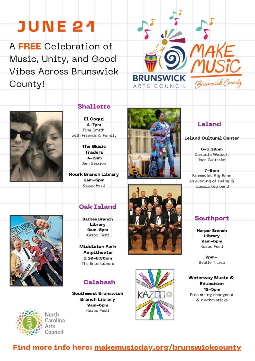Flyer for Make Music Day, June 21 at various location s. http://makemusicday.org/brunswickcounty