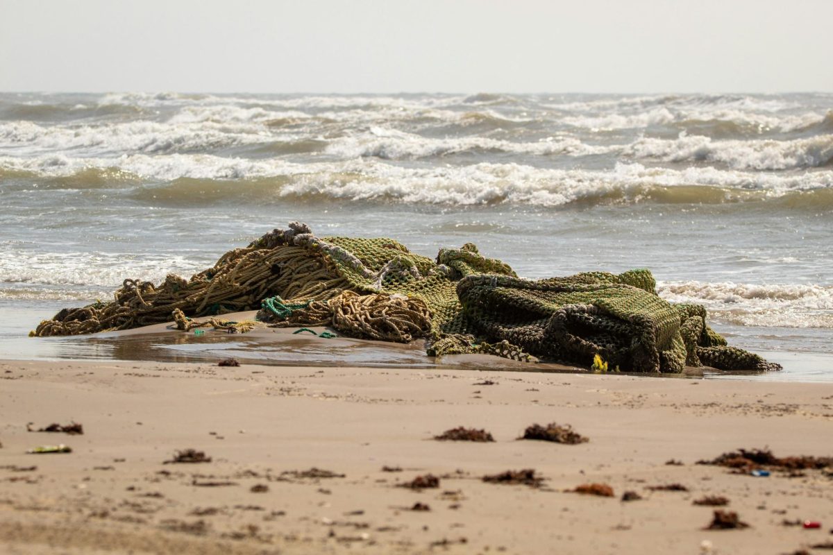 Fishing nets and tangled debris abandoned on the beach.